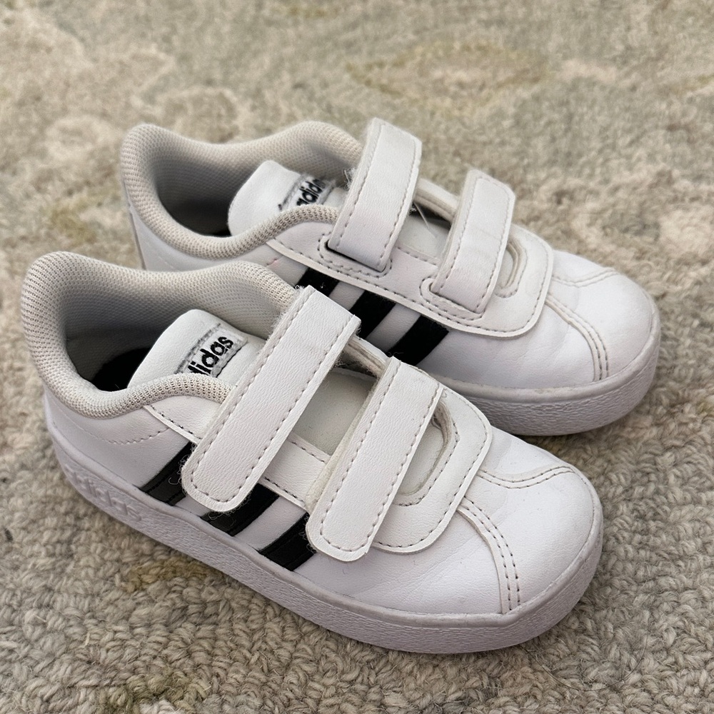 Adidas White Kids Sneakers with Black Stripes - Velcro Strap